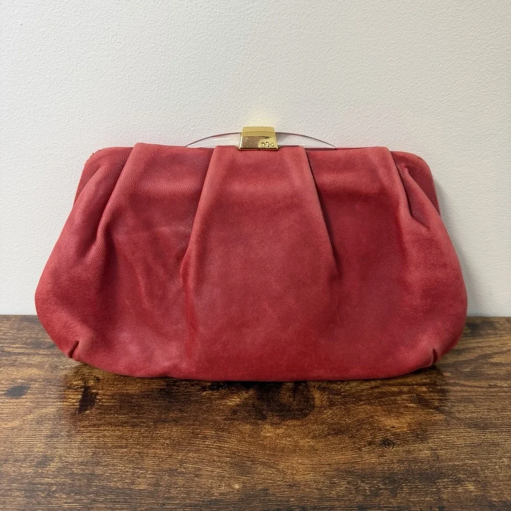 Vintage Lauren Ralph Lauren Clutch Red Leather Lucite Clasp AS IS Distressed
